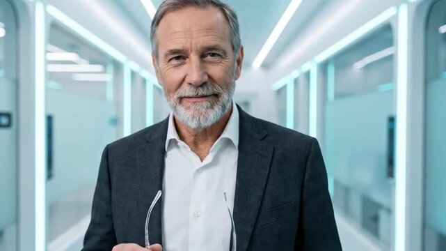 A distinguished man with gray hair and a beard stands in a modern, well-lit hallway, thoughtfully holding his glasses as he gazes into the distance, showcasing a blend of wisdom and curiosity