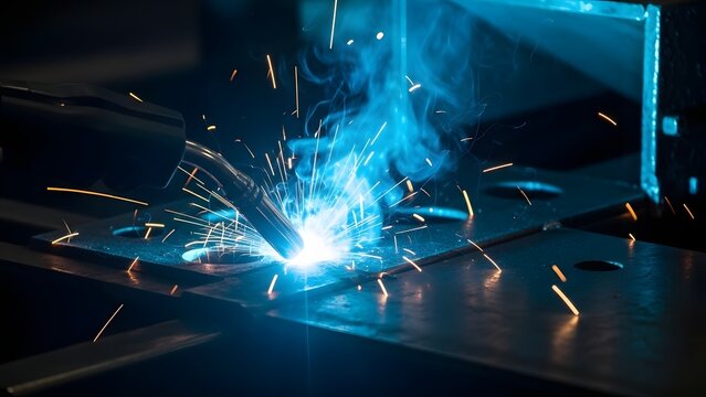 Industrial welding process with bright blue sparks and smoke. Metal fabrication and manufacturing industry. Automatic welding torch joining steel plates in a dark workshop.