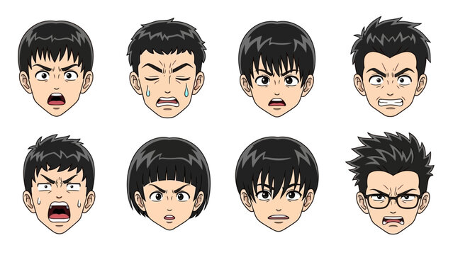 Cartoon man faces with various emotional expressions
