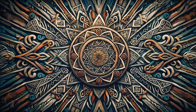 Intricate mandala artwork with radial geometric patterns and hands motif.