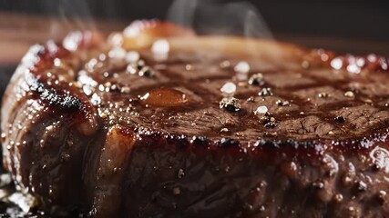 Succulent close-up of perfectly cooked steak with seasoning, showcasing juicy texture and rich color, ideal for food enthusiasts and culinary promotions.