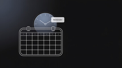 a dark background showcases a minimalist calendar with a clock face and a reminder notification displayed above it