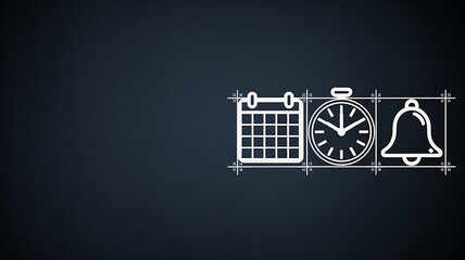 A dark teal background showcases white linear icons of a calendar clock and bell framed within a grid structure