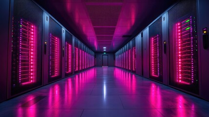 Futuristic Data Center with Neon Pink Lights, Sleek Server Racks, and Glowing Pathway Enhancing Technology and Innovation in Digital Infrastructure