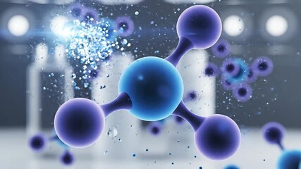 Dynamic 3D rendering of molecular structures and atomic particles in a futuristic laboratory setting illustrating advanced scientific research biotechnology and medical innovation with vibrant blue a.