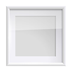 Realistic white square picture frame mockup isolated for design with modern minimalist style and glass reflection on transparent background
