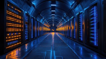 Futuristic Data Center with Rows of Servers Illuminated by Blue and Orange Lights in a Sleek, Modern Environment
