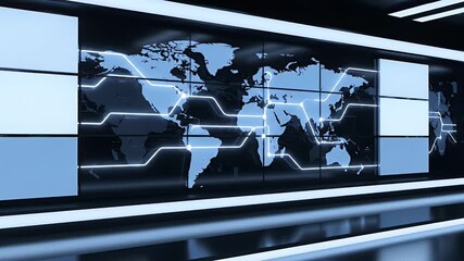 Futuristic digital world map displayed on a sleek LED screen in a modern office environment, showcasing global connectivity and advanced technology in a professional setting. - Powered by Adobe