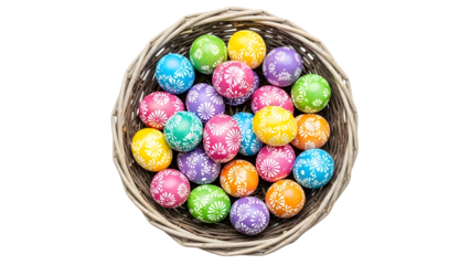 Colorful easter eggs in a woven basket isolated on transparent background