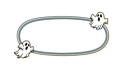 Oval decorative frame is flanked by two cute white cartoon ghosts with funny expressions for a spooky halloween.