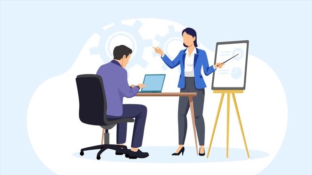 Coworkers Reviewing Presentation on Easel Board. Coworkers collaborating concept. Full length animation illustration. High quality&nbsp;4k&nbsp;footage