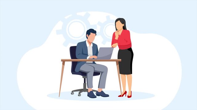 Business Team Collaborating at Office Desk. Coworkers collaborating concept. Full length animation illustration. High quality&nbsp;4k&nbsp;footage