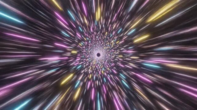 Hypnotic perpetually moving vortex composed of magenta cyan and yellow high-speed flashing lights creating a dizzying futuristic tunnel power, speed, abstract movement