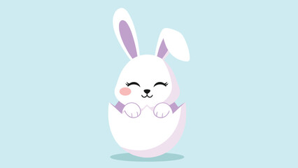 Obraz premium Adorable white baby bunny with pink cheeks joyfully hatching from a purple and white eggshell against a soft blue background for Easter.