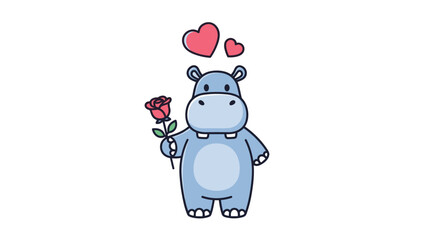 Naklejka premium Sweet blue hippo character holding a red rose with two pink hearts floating above its head, representing affection and romantic gestures.