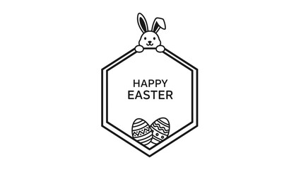 Festive Easter greeting card design with a happy bunny peeking over a hexagonal frame containing text and two colorful patterned eggs.