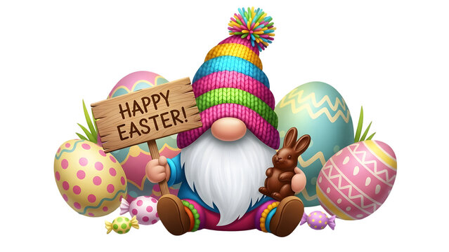Easter gnome holding happy easter sign isolated on transparent background