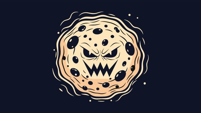 Menacing monster face with sharp teeth and angry eyes illustrated on a chocolate chip cookie against a dark background for Halloween fun.