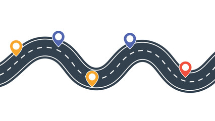 Winding dark road with white dashed lines and colorful location pin markers representing a travel itinerary or navigation map.