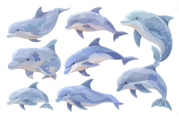 Fototapeta premium Cute cartoon dolphin illustration set with multiple swimming poses, soft blue tones, and playful expressions, perfect for children books or educational materials