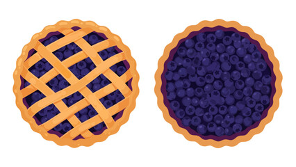 A top-down vector illustration depicts two blueberry pies, featuring a traditional golden lattice crust on the left and a dense, open-faced berry filling on the right © Skyframe