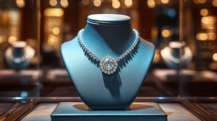 Elegant diamond necklace displayed in an upscale jewelry store, showcasing brilliance and luxury against a soft, focused background of shimmering lights