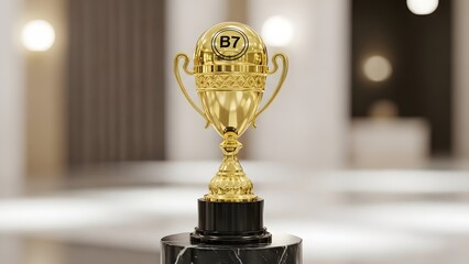 Golden trophy with b7 insignia on marble base