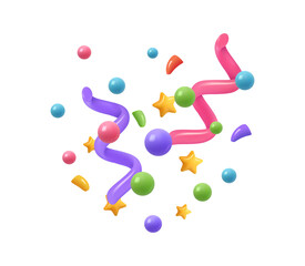 Fototapeta na wymiar Colorful party confetti, isolated stars and serpentine, balls and airballs or balloons. Vector 3d icons or sticker, partying or greeting congratulations with holidays. Cracker carnival festive design