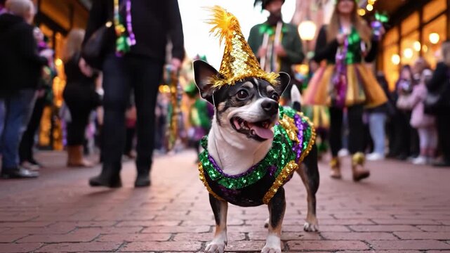 Dog in mardi gras costume standing on a brick street