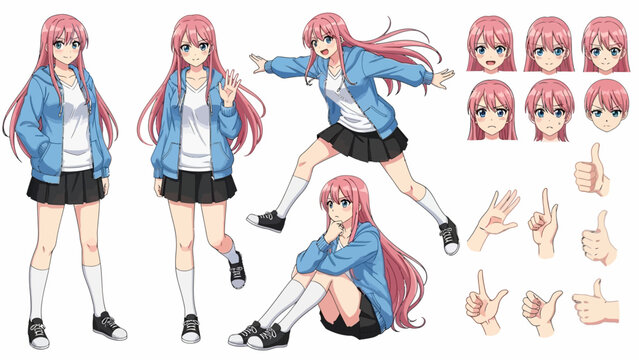 Anime girl character sheet with various poses and expressions