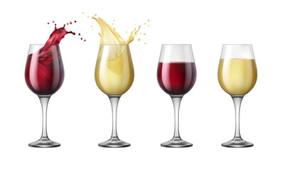 Degustation and wine tasting. Vector in realistic style, isolated set of glasses with different craft alcoholic beverages. Splashes of liquid in cup. Unique blend and taste of alcohol drink