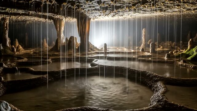 Spectacular Cave Formation with Flowing Water and Stalactites.