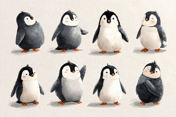 Obraz premium Cute penguin illustration set with playful poses and soft textures, showing adorable baby penguins expressing joy and curiosity in charming and heartwarming style