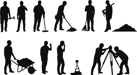 Construction workers silhouette set, laborer and engineer activities, building tools, industrial workforce teamwork concept, black vector illustration isolated on white background