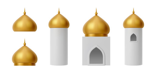 Golden mosque domes and minarets icons set. Vector isolated 3d Islamic symbols. Festive greetings and cultural education. Ramadan and Eid designs or general spiritual and cultural themes © Sensvector