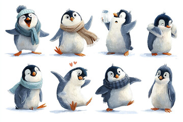 Obraz premium Cute playful penguin winter characters collection with scarves and hats showing various emotions and actions in joyful and charming style