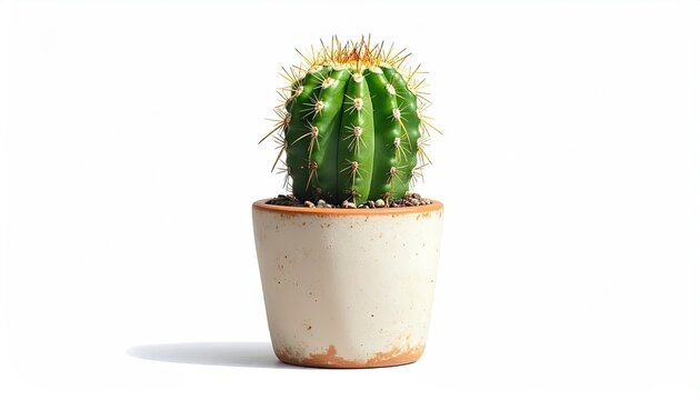 Small cactus plant in pot sits isolated on white background, sunny studio shot