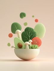 3D vegan food bowl with avocado vegetables mushrooms clean minimal style ai generated
