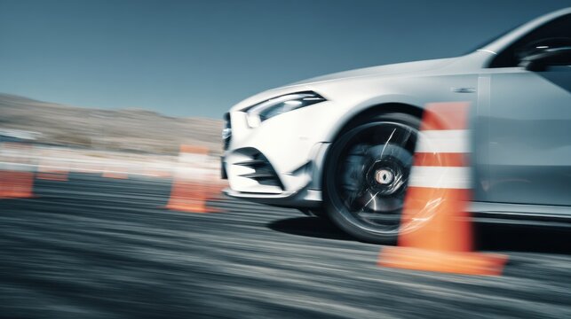 Medium shot of a vehicle sharply swerving between cones on dry asphalt main car in crisp focus with blurred background showcasing precise lowspeed emergency maneuver training.