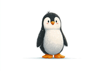 Fototapeta premium Cute penguin cartoon character standing front view with fluffy black and white feathers and orange beak and feet, adorable and friendly expression on white background