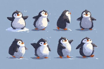 Obraz premium Cute penguin cartoon illustration collection with simple and modern style, showing various playful poses and expressions on blue background, evoking joyful and lively emotions