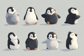 Fototapeta premium Cute penguin cartoon illustration collection with simple and modern style, featuring various playful and happy poses of baby penguins expressing joy and charm