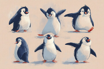 Obraz premium Cute penguin character set with various actions and orientation, playful and joyful expressions in hand painted style on light beige background
