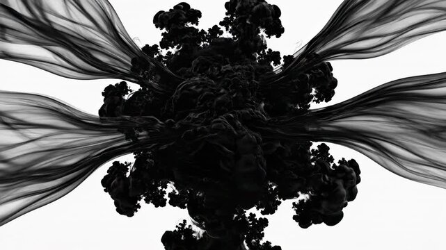 Hypnotic seamless looping motion of various dense black ink streams merging and dissipating into swirling fractal patterns against a pure white void background transition effect, conceptual, paint