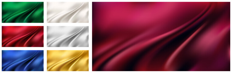 Wavy abstract satin cloth, smooth shiny drapes of different colors and surfaces. Vector realistic background texture, set of materials with silky look. Curtains or tablecloth, atelier wallpaper
