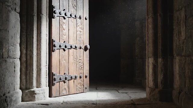 An inviting old wooden door slightly ajar in a stone hallway with soft light creating a dramatic shadow effect