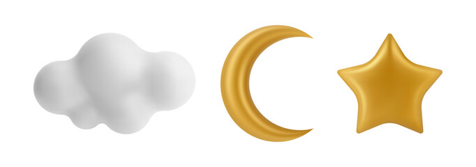 Ramadan themes icons in 3d style. Vector isolated crescent moon, star and clouds. Festive web graphics and religious holiday materials, mobile applications and cards, banners and educational designs