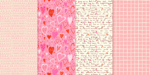 Hand painted romantic Valentine's Day vector seamless patterns with hearts, handwritten text, loops and grid for backgrounds and banners