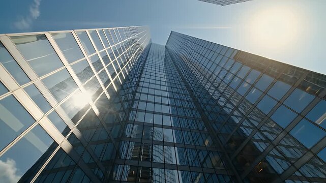 Stunning skyscraper reaching towards the sky, showcasing glass reflections and modern architectural design under bright sunlight