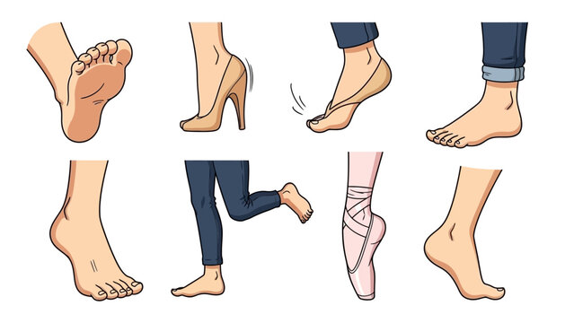 An illustration of various human feet in different poses and footwear